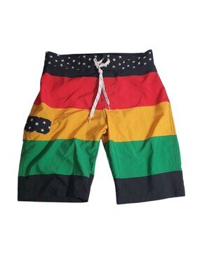 Carbon Rasta Board Shorts Mens Size 30 Colorblock Waist Pocket Beach Island Pool